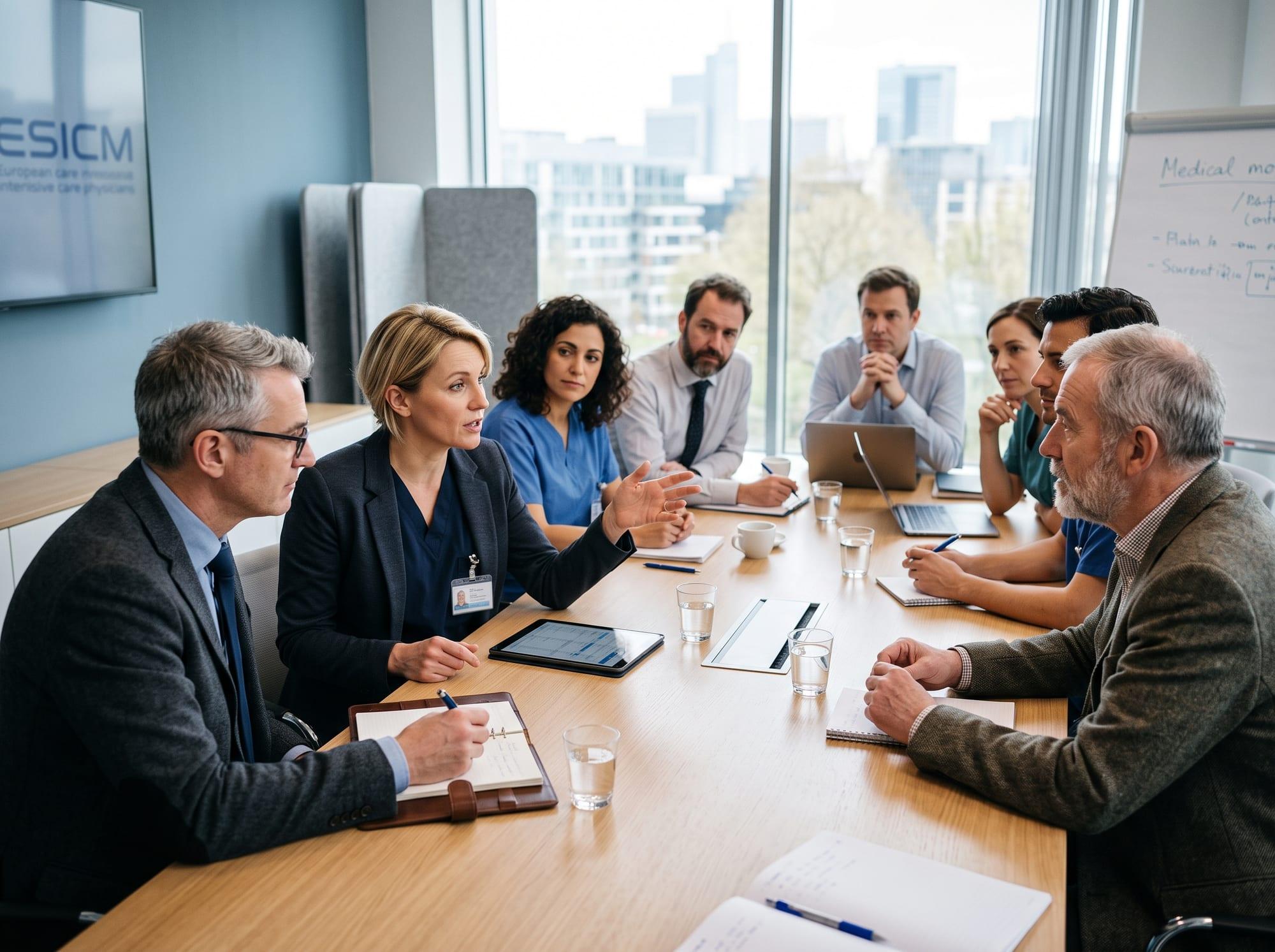 Intensive care physicians in discussion around a meeting table