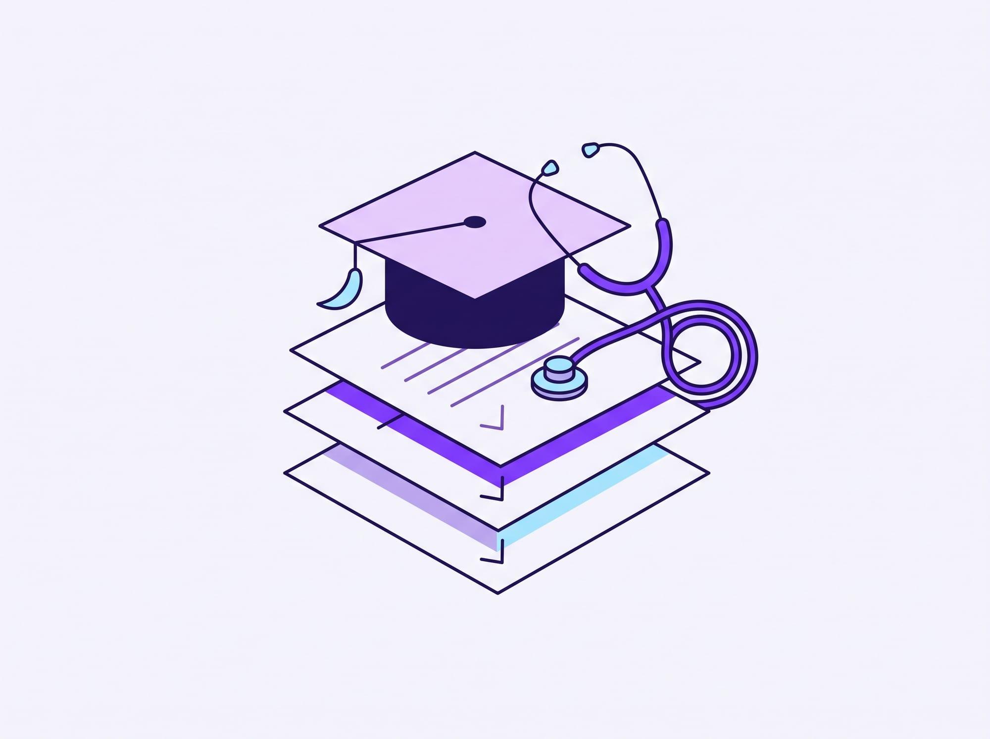 Illustration of a graduation cap and stethoscope over layered curriculum documents